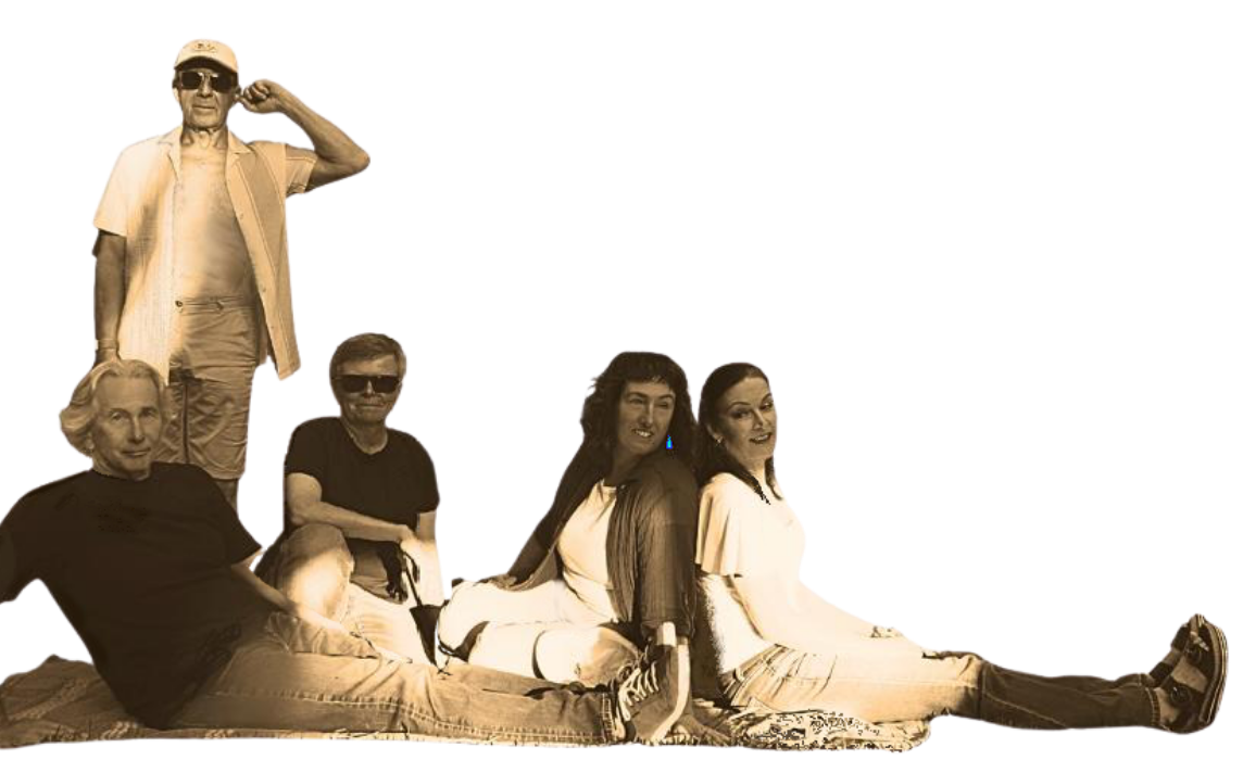 The band seated together, sepia cut-out